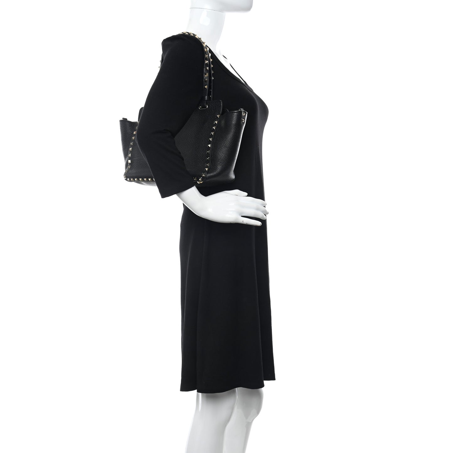 Grained Calfskin Small Rockstud Tote Black