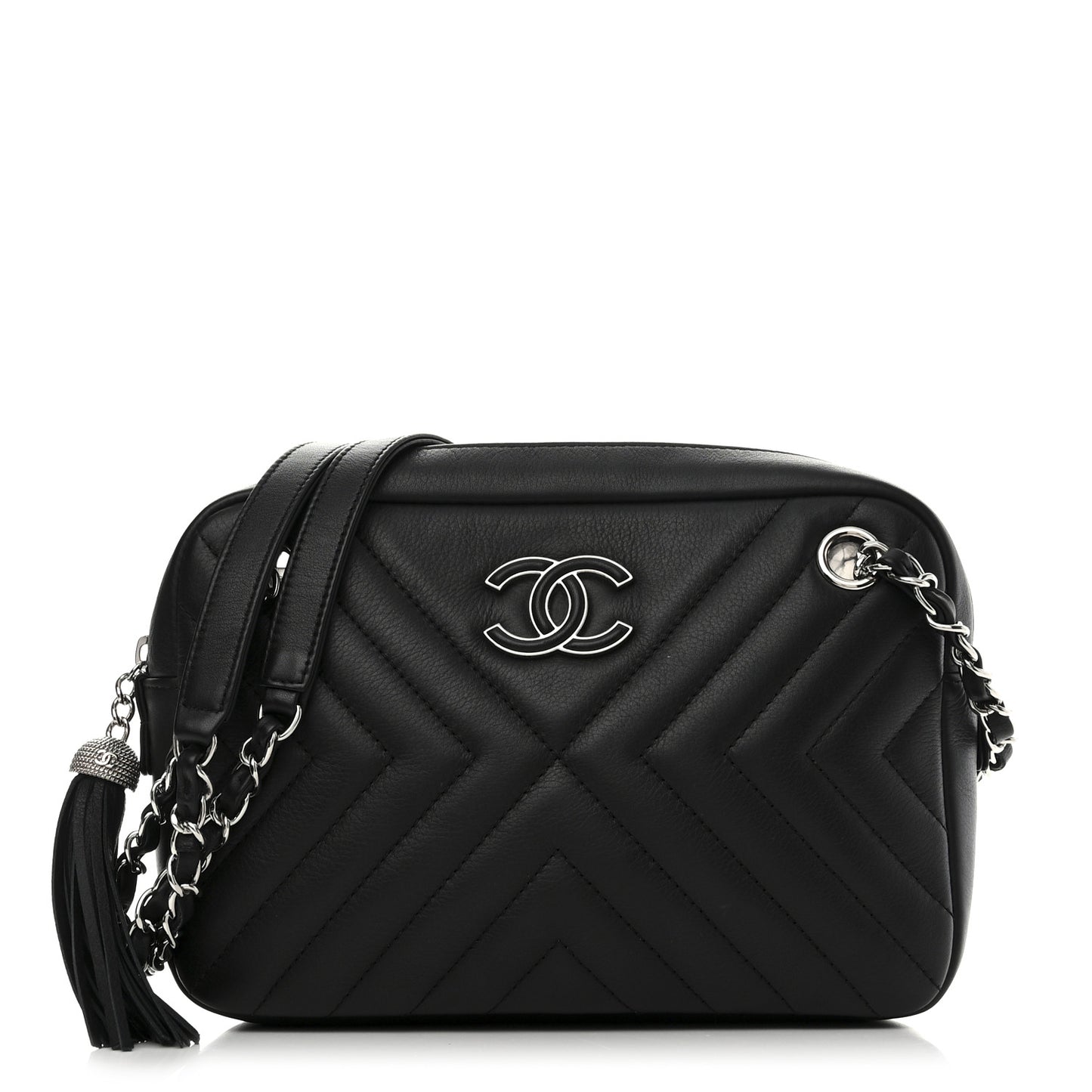 Calfskin Diagonal Chevron Quilted Tassel Camera Case Black
