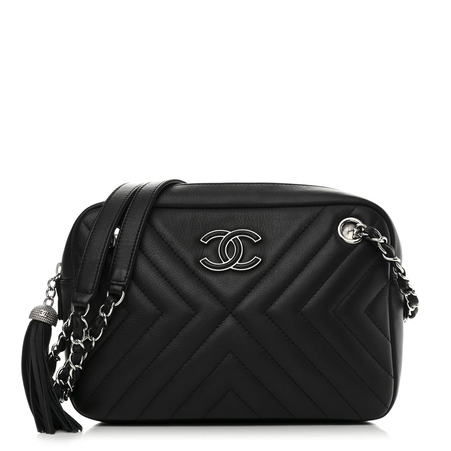 Chanel Calfskin Diagonal Chevron Quilted Tassel Camera Case Black 1 of 12