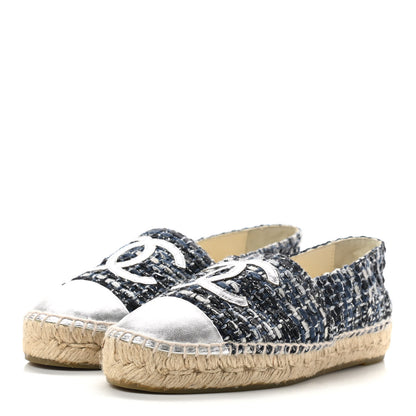 Chanel Metallic Tweed Lambskin CC Espadrilles 35 Blue Black Silver 3 of 8