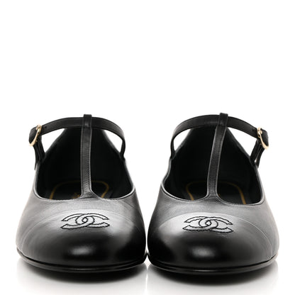 Chanel Calfskin Cap Toe T Strap CC Flats 37 Black 2 of 9