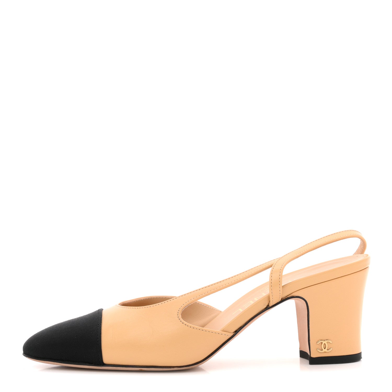Chanel Goatskin Grosgrain Cap Toe CC Slingback Pumps 36.5 Beige Black 1 of 13