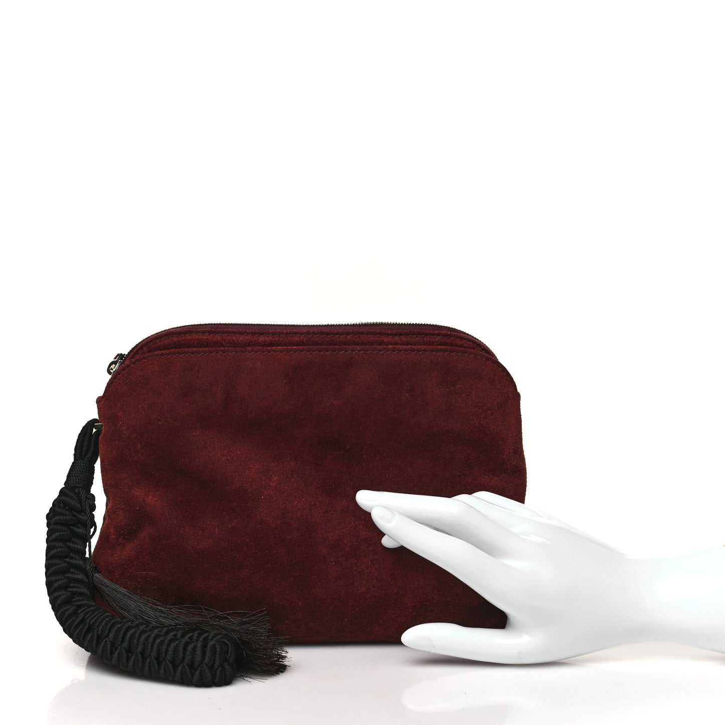 Suede Pony Hair Tassel Wristlet Pouch Burgundy