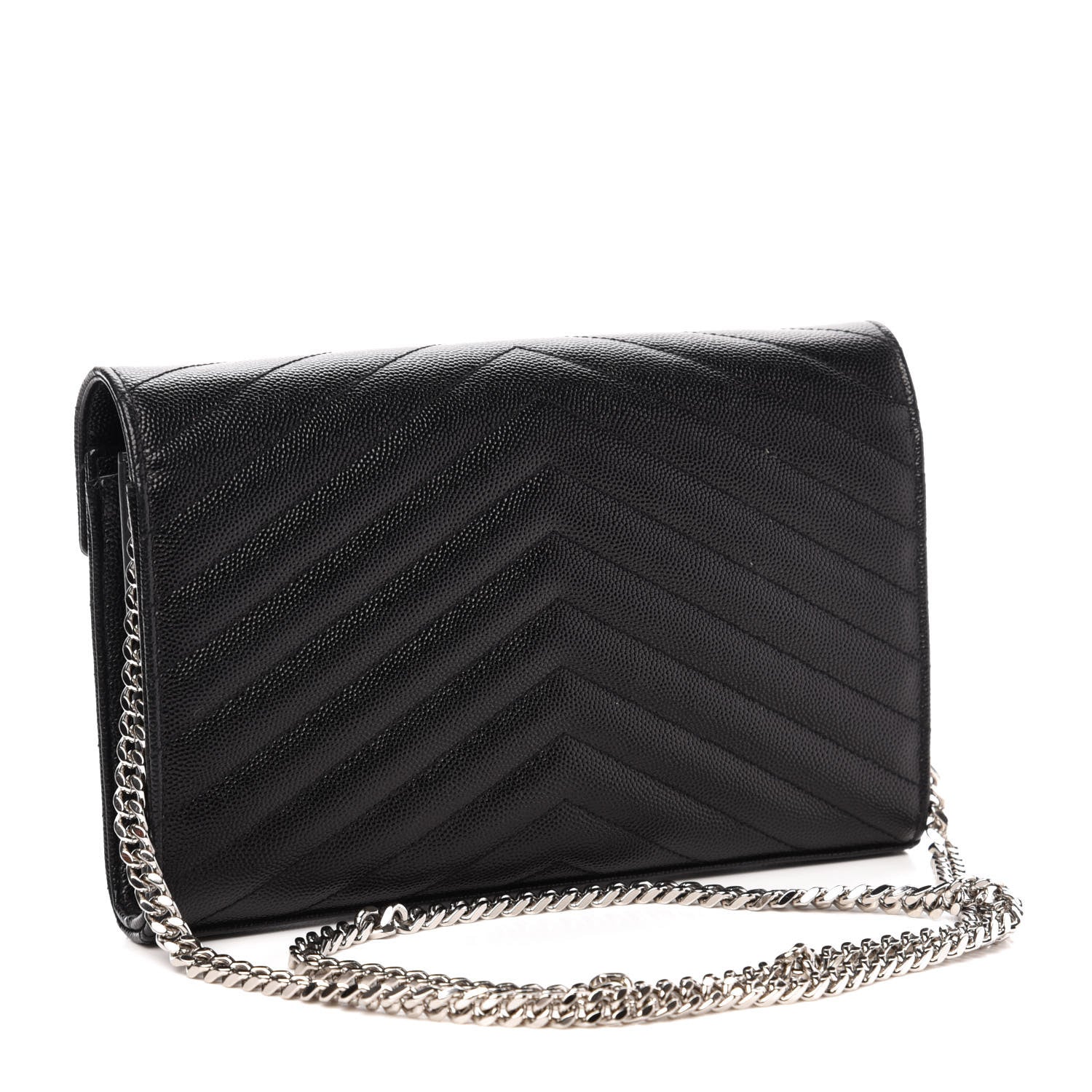 Saint Laurent Grain De Poudre Matelasse Chevron Monogram Chain Wallet Black 3 of 10