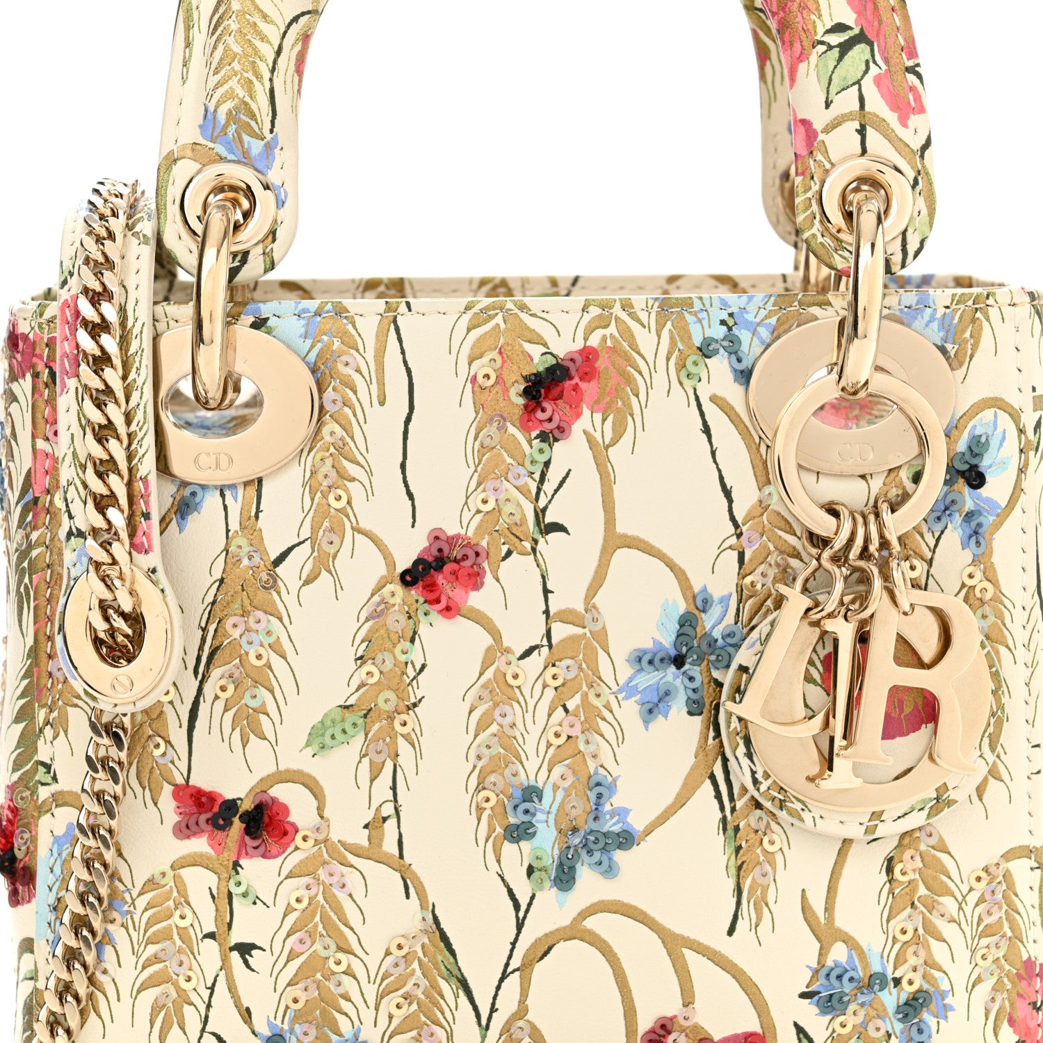 Christian Dior Calfskin Hibiscus Printed Embroidered Mini Lady Dior Beige Multicolor 8 of 14