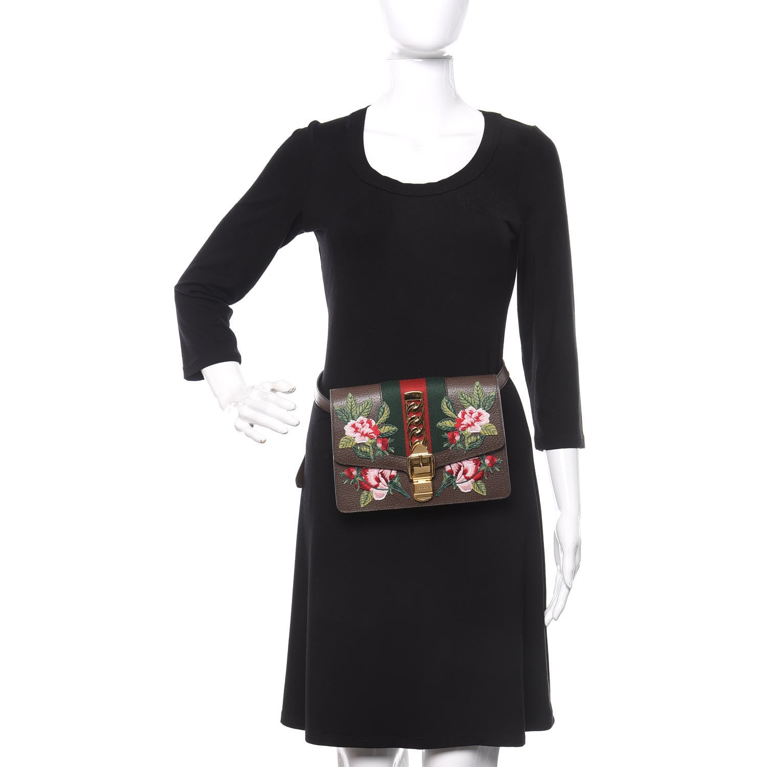 Gucci Calfskin Embroidered Sylvie Belt Bag 85 34 Brown 2 of 11