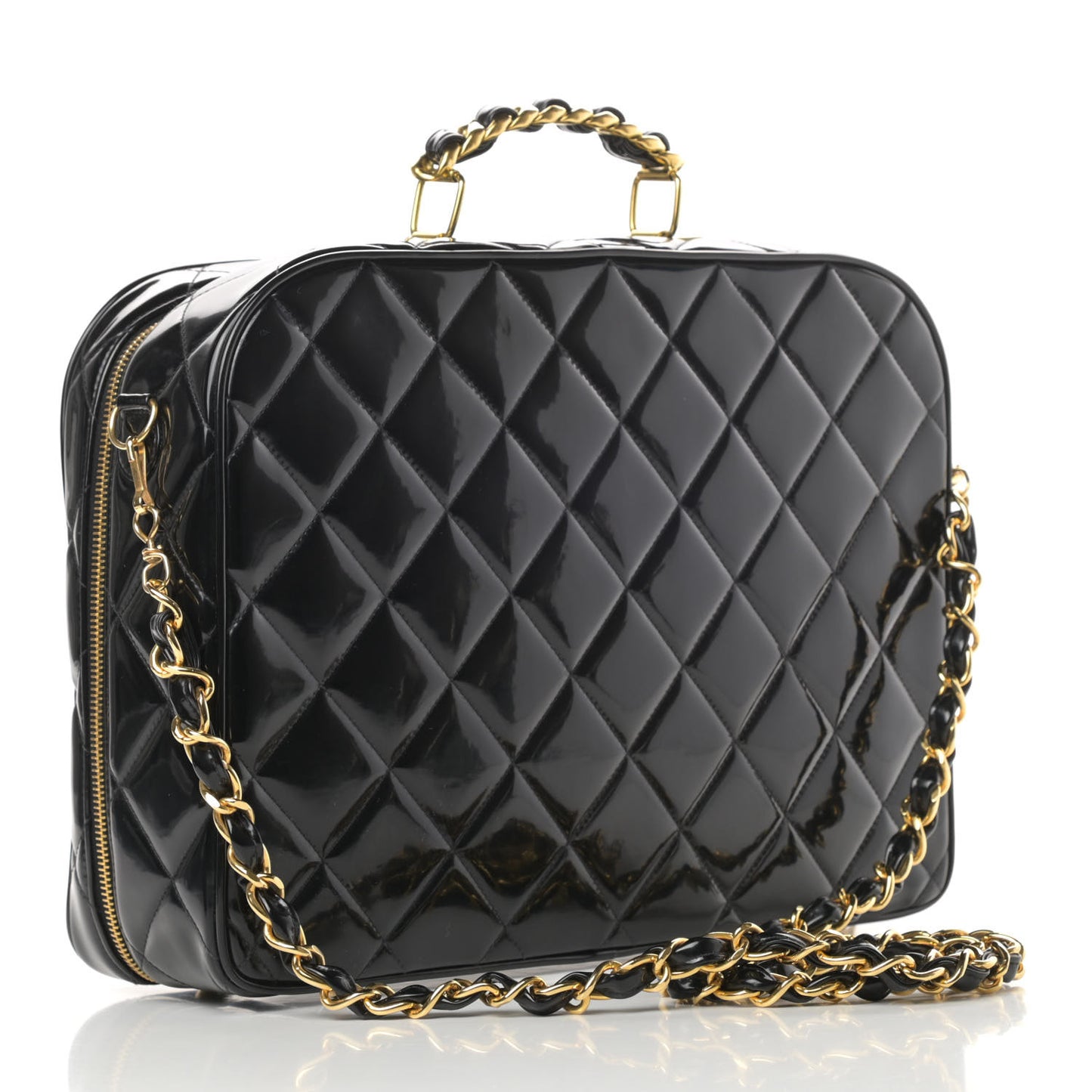 Patent Quilted Top Handle Lunch Box Carryall Shoulder Bag Black