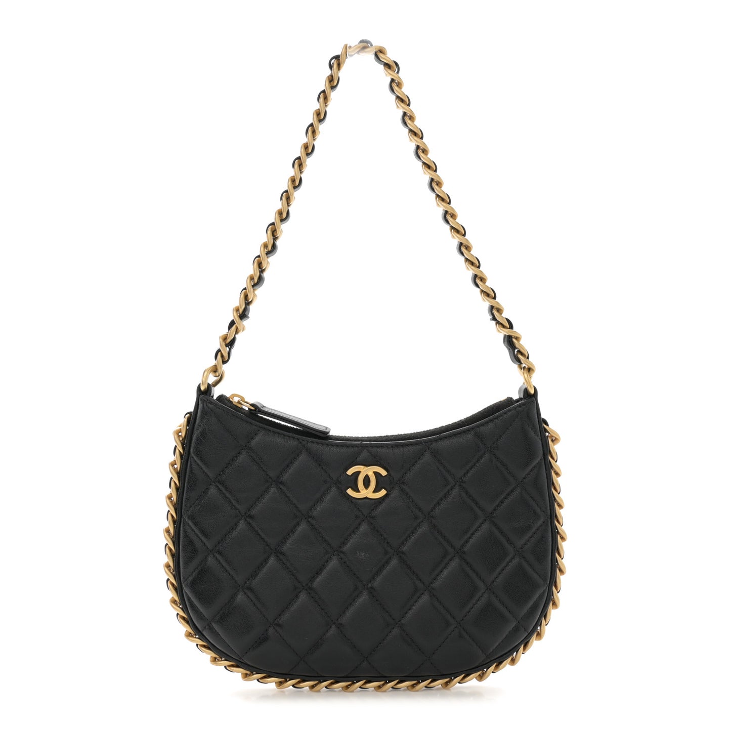 Shiny Crumpled Lambskin Quilted Trendy Chain Around Hobo Black
