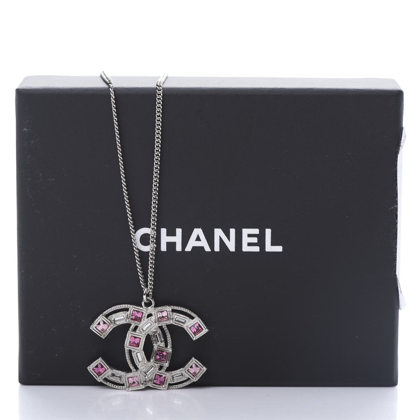 Crystal Baguette CC Pendant Necklace Pink Silver