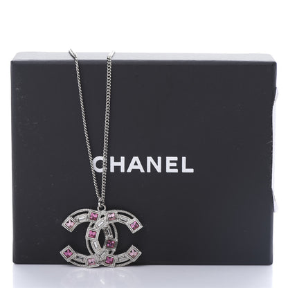 Chanel Crystal Baguette CC Pendant Necklace Pink Silver 5 of 5