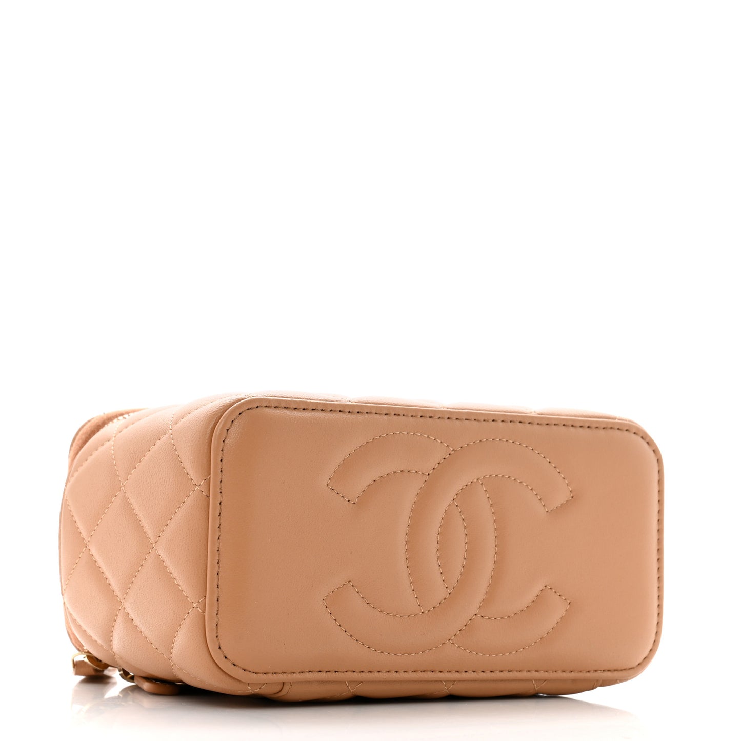 Lambskin Quilted Small Top Handle Vanity Case With Chain Beige