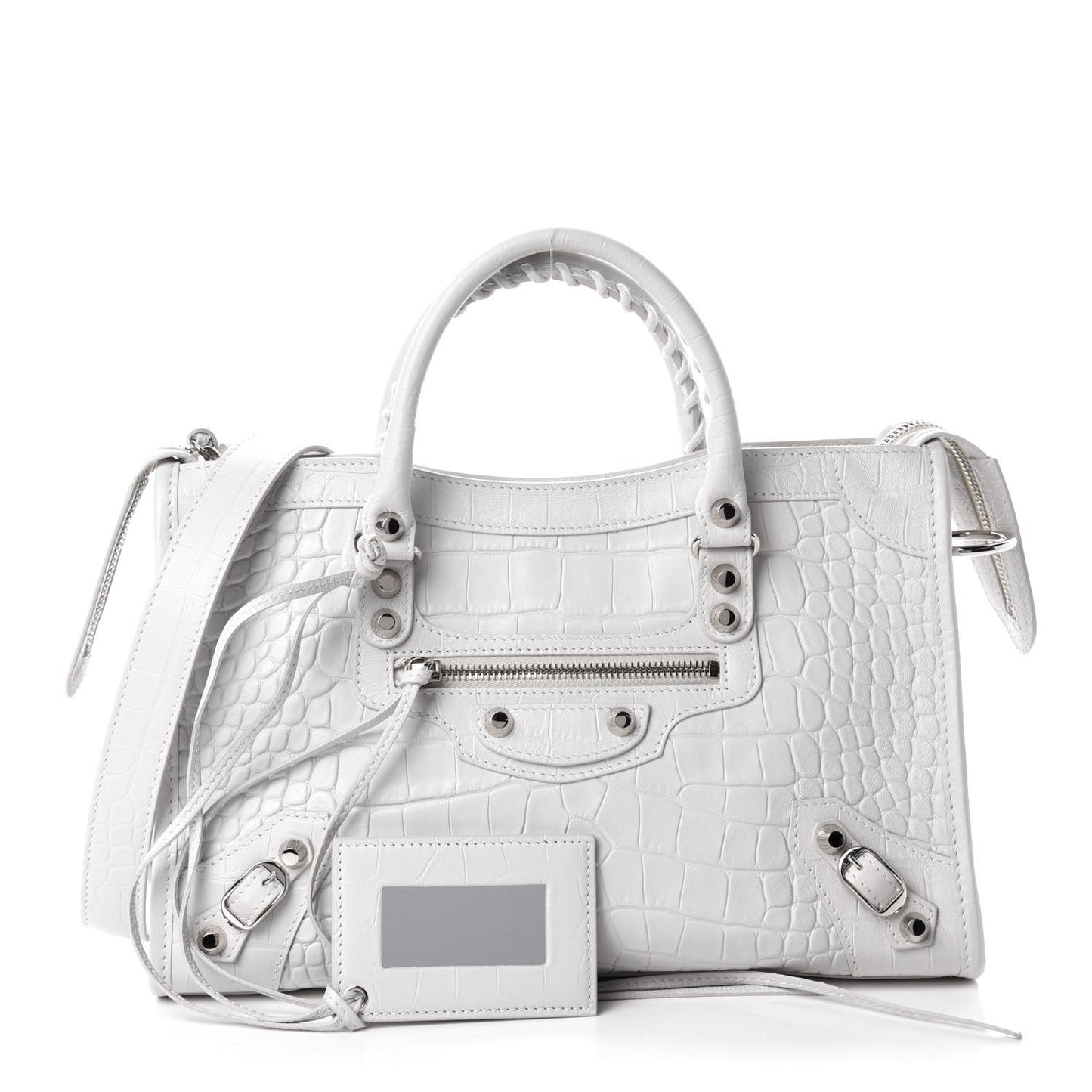 Matte Supple Lambskin Crocodile Embossed Classic Silver Hardware S City White