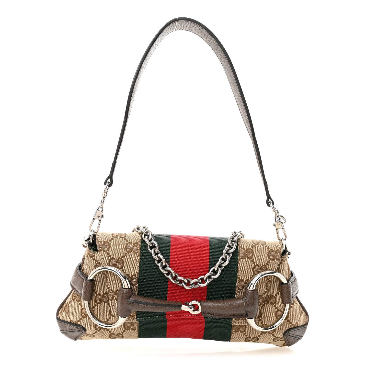 Gucci Monogram Textured Dollar Calfskin Heavy Grosgrain Web Small Maxi Horsebit Chain Shoulder Bag Beige Ebony New Acero 1 of 10