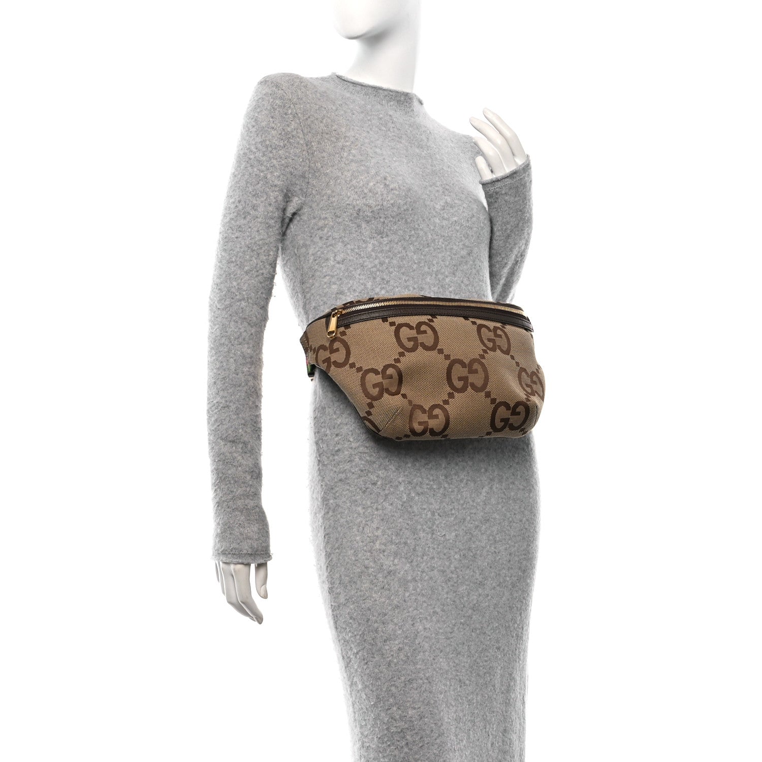 Gucci Monogram Jumbo GG Textured Dollar Calfskin Web Belt Bag Camel Ebony New Acero 2 of 10