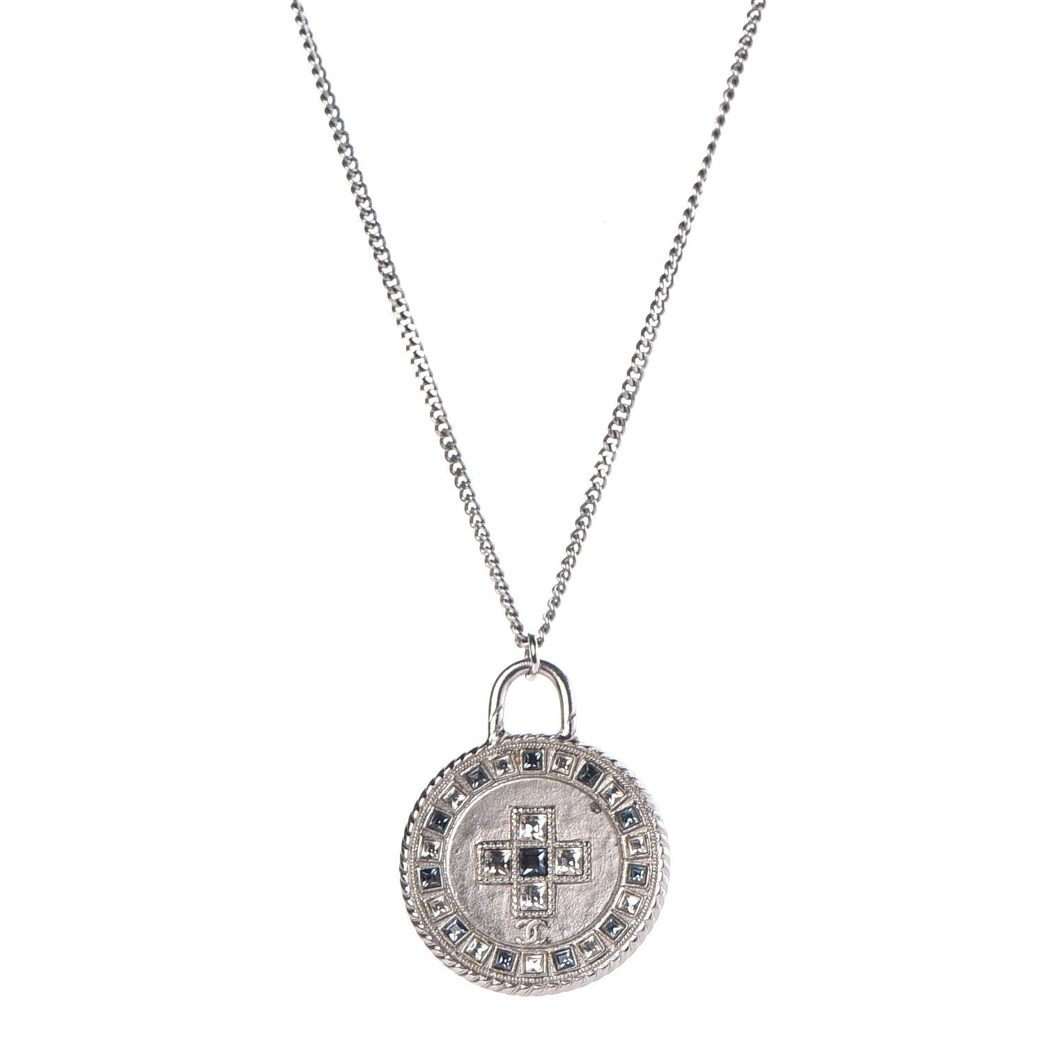 Chanel Crystal CC Medallion Necklace Silver Light Blue 1 of 8
