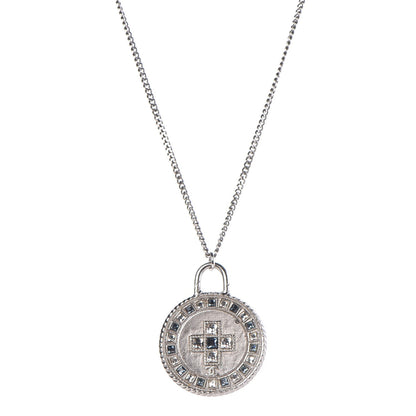 Chanel Crystal CC Medallion Necklace Silver Light Blue 1 of 8