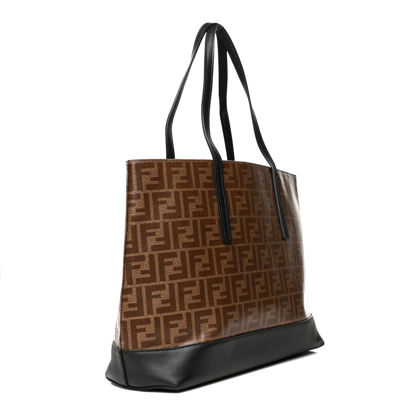 Glazed Fabric Vitello Century FF 1974 Stamp Patch Shopping Tote Mogano Panna Black