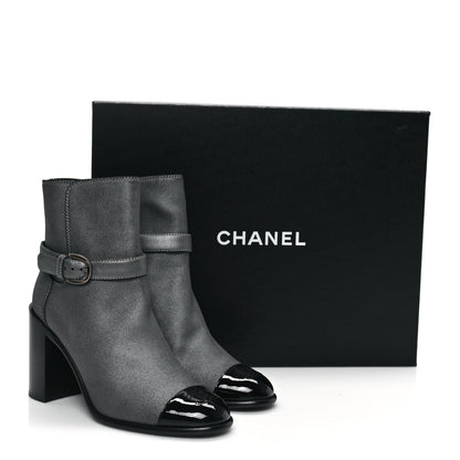 Chanel Suede Kidskin Patent Cap Toe Interlocking CC Ankle Boots 39 Dark Silver Black 9 of 9