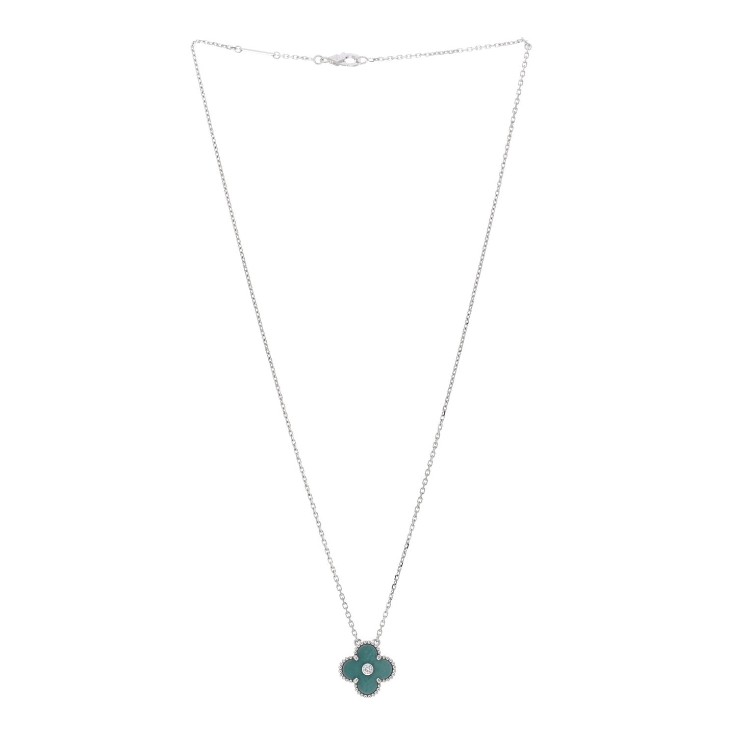 18K White Gold Diamond Celadon Green Sevres Porcelain Vintage Alhambra Pendant Necklace