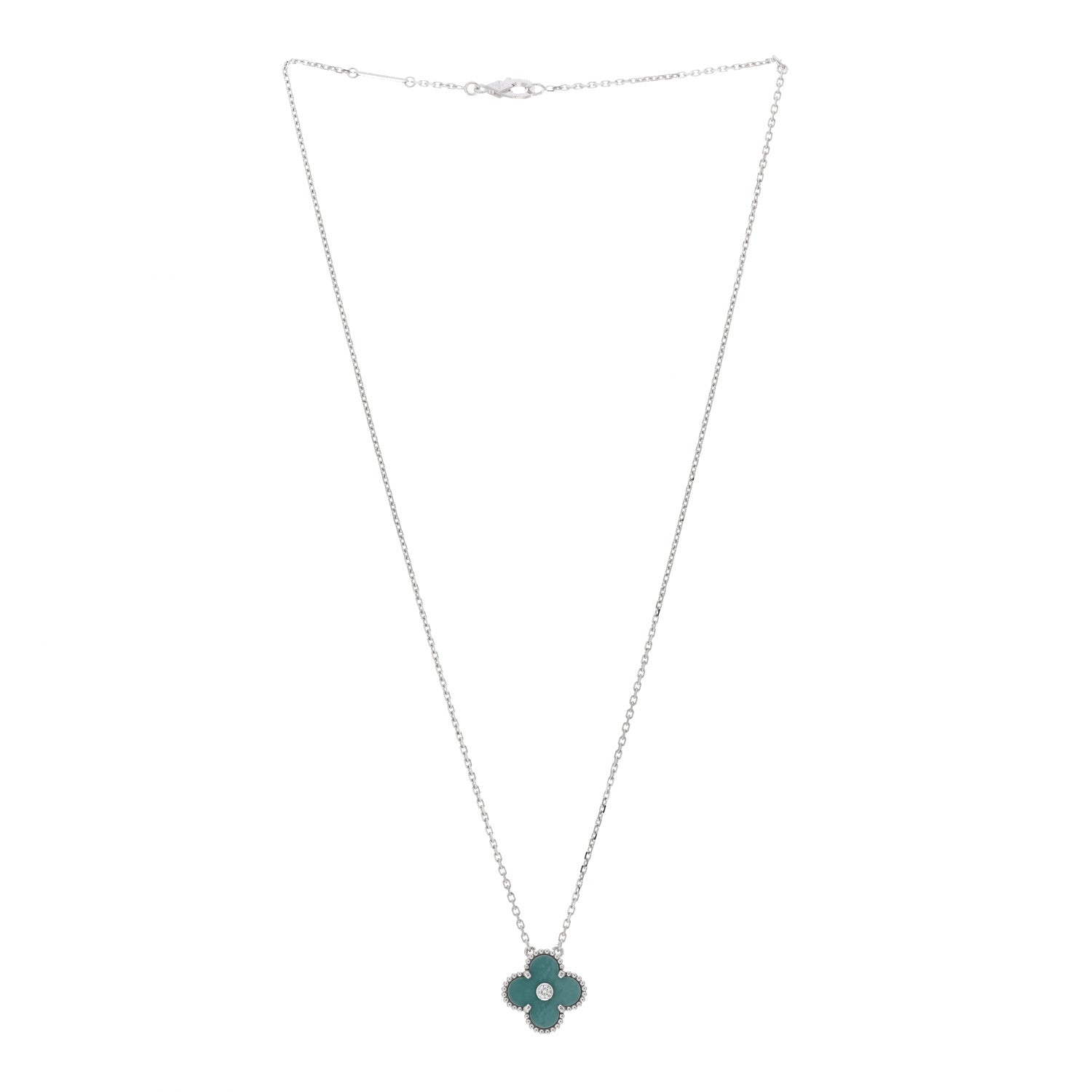 Van Cleef & Arpels 18K White Gold Diamond Celadon Green Sevres Porcelain Vintage Alhambra Pendant Necklace 3 of 6