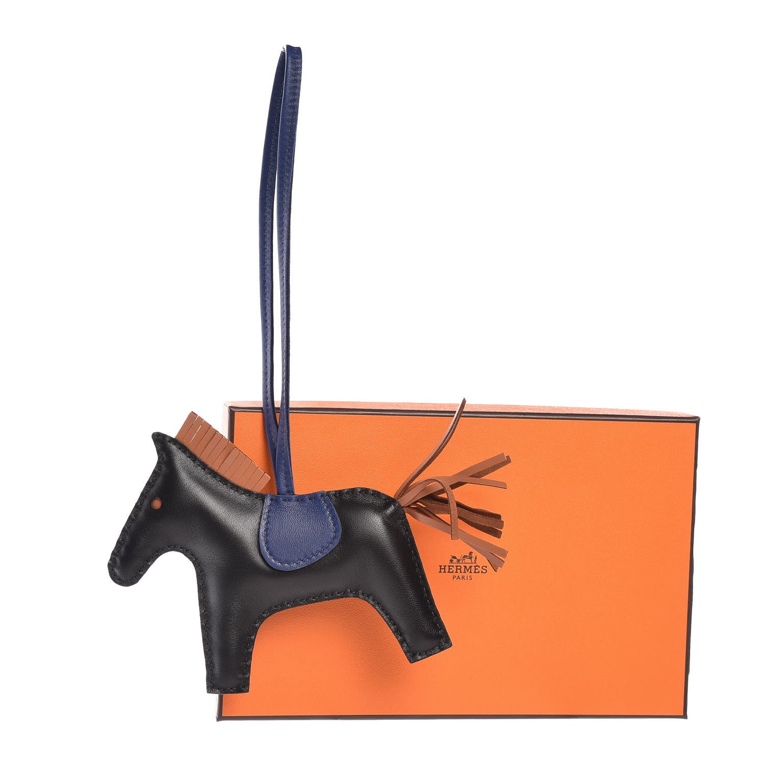 Hermes Milo Lambskin Grigri Rodeo Horse Bag Charm MM Black Bleu Saphir Gold 4 of 4