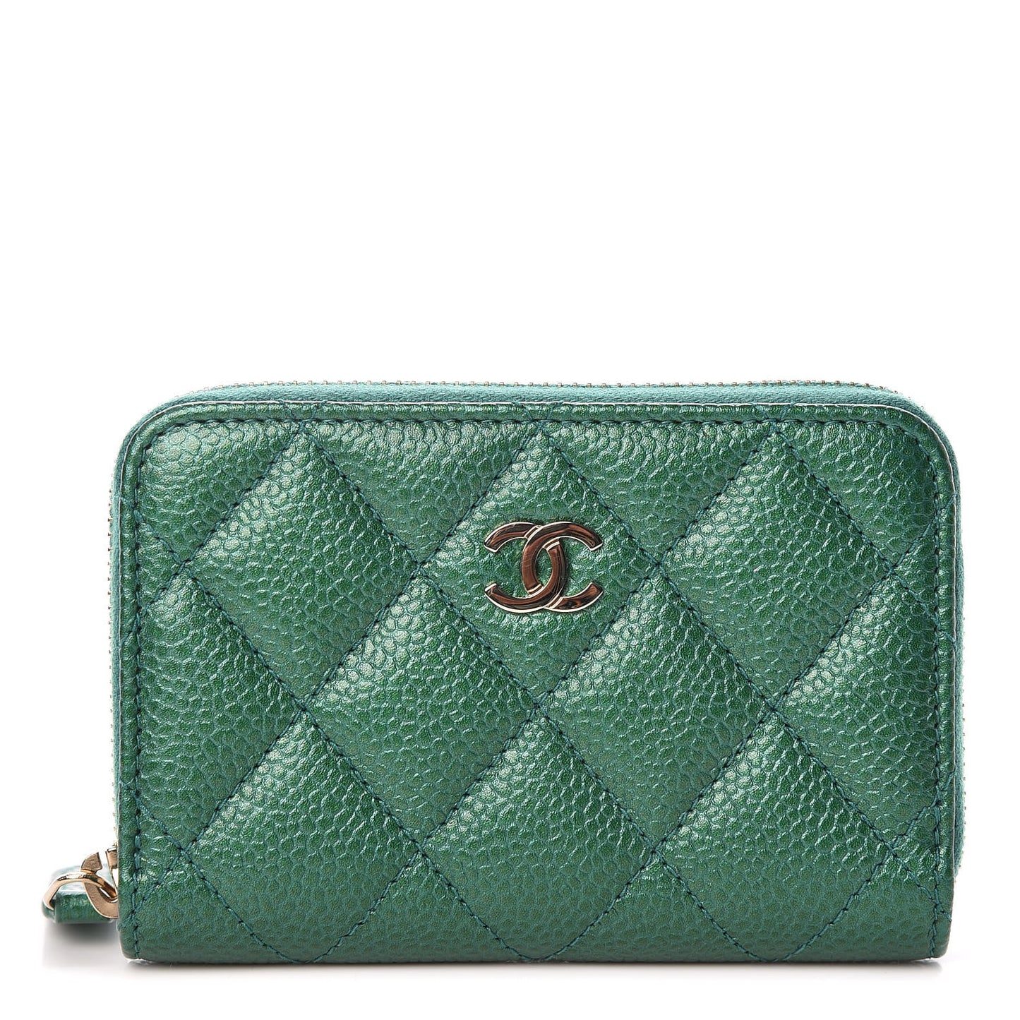 Metallic Caviar Quilted Zip Coin Purse Green
