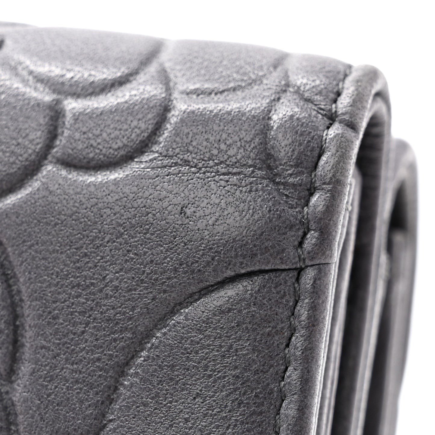 Lambskin Camellia Embossed Small Double Wallet Grey