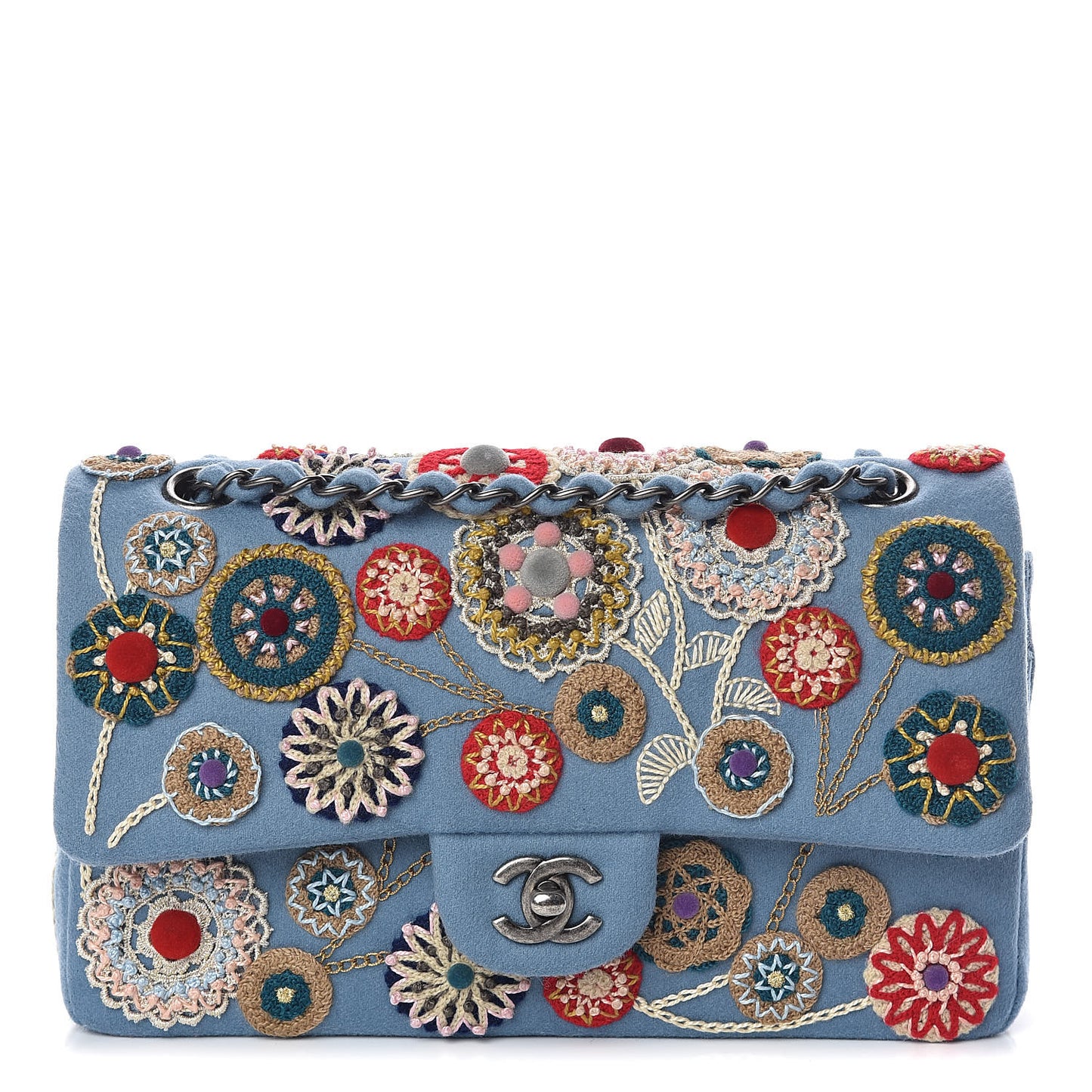 Felt Flower Embroidered Medium Double Flap Blue Multicolor