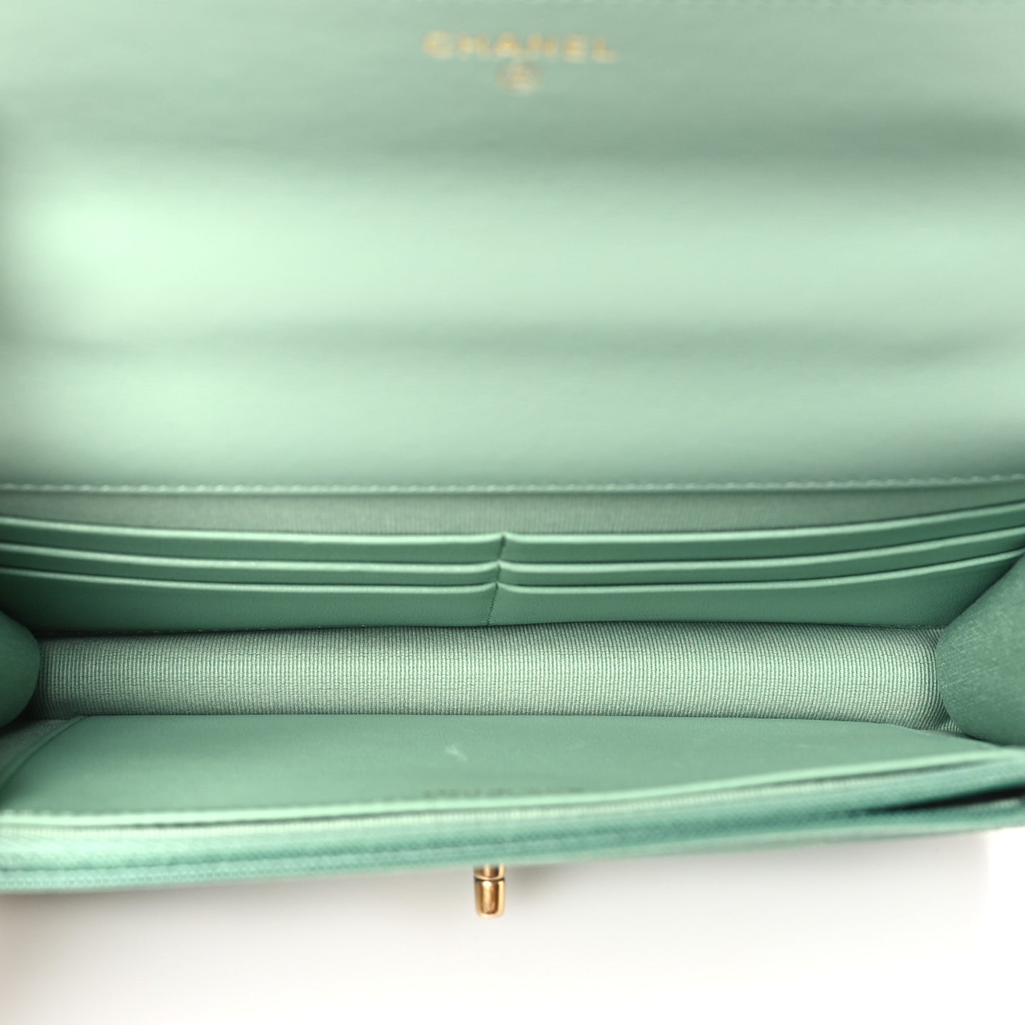 Shiny Calfskin Quilted Metal Top Handle Wallet On Chain WOC Light Green