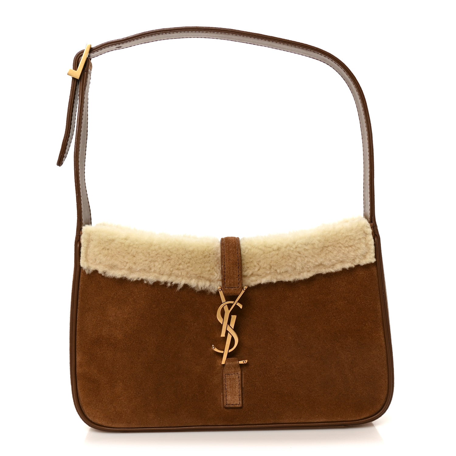Saint Laurent Suede Calfskin Shearling Le 5 A 7 Hobo Dark Cigar Natural Beige 1 of 11