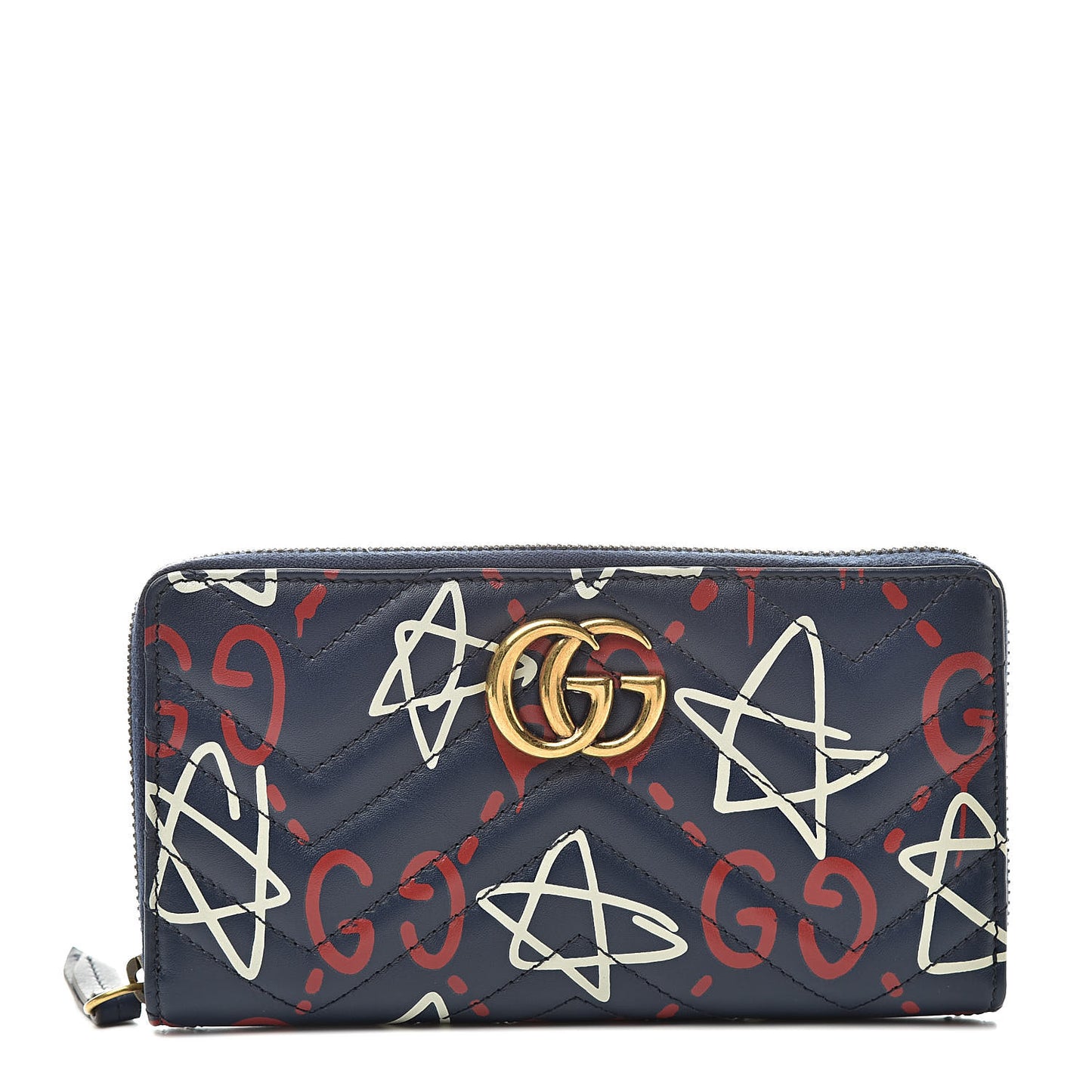 Calfskin Matelasse GucciGhost GG Marmont Zip Around Wallet Blue Agata Hibiscus Red