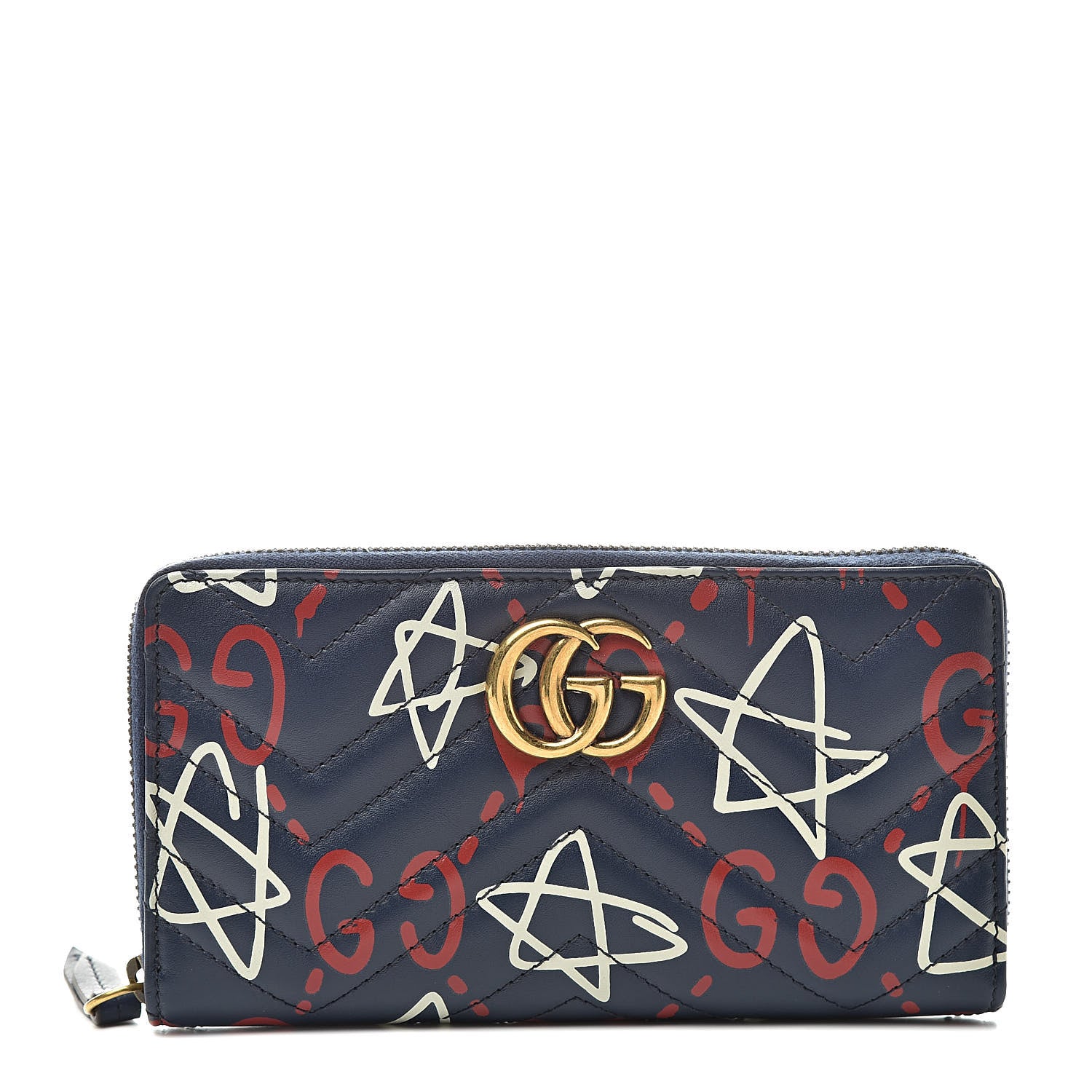 Gucci Calfskin Matelasse GucciGhost GG Marmont Zip Around Wallet Blue Agata Hibiscus Red 1 of 8