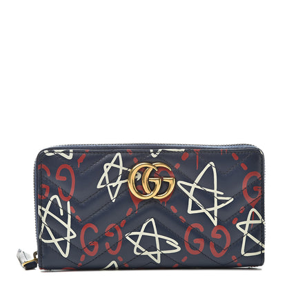Gucci Calfskin Matelasse GucciGhost GG Marmont Zip Around Wallet Blue Agata Hibiscus Red 1 of 8