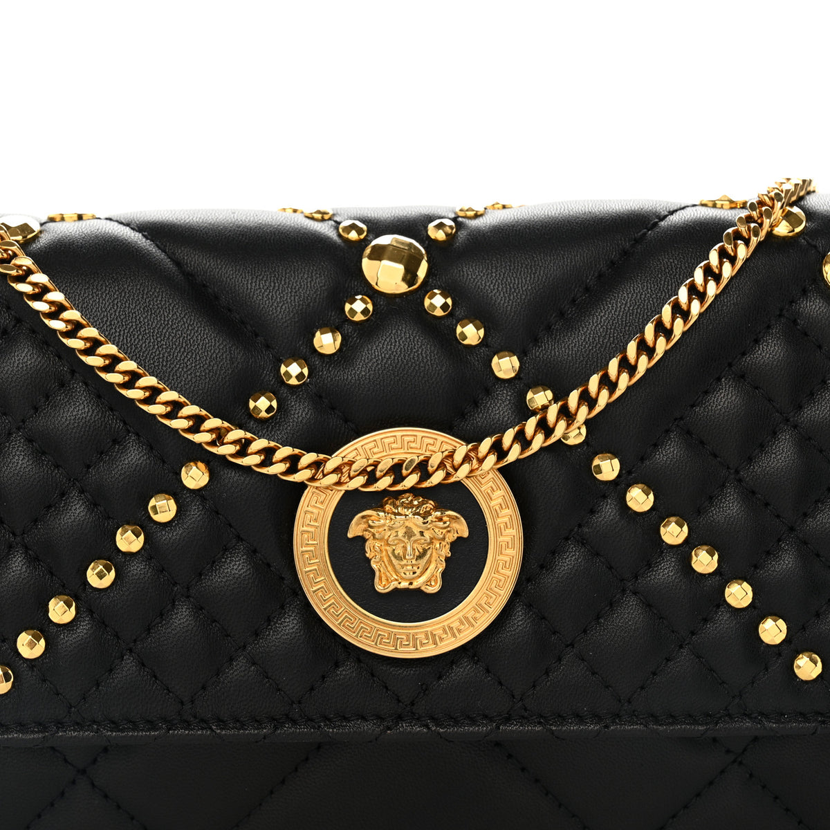 Versace Lambskin Studded Quilted Medusa Wallet on Chain Crossbody Black Gold 7 of 11