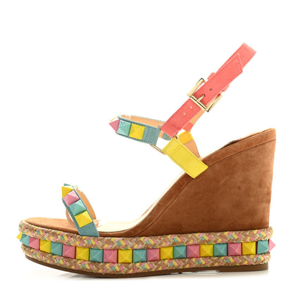 Christian Louboutin Veau Velours Pyraclou 110 Wedge Sandals 38 Biscotto 1 of 13