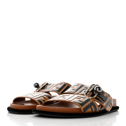 Fendi Calfskin FF Embossed Pearland Slide Sandals 38.5 Tobacco Moro 3 of 9