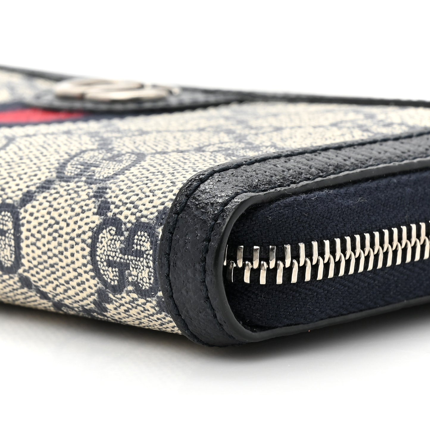 GG Supreme Monogram Textured Dollar Calfskin Web Ophidia Zip Around Wallet Beige Blue