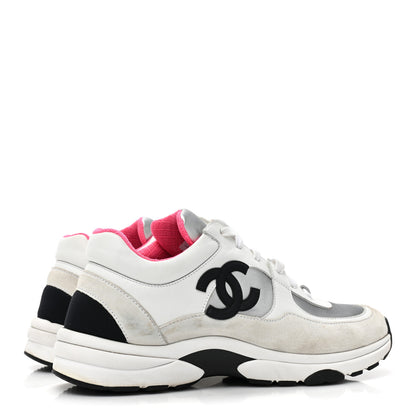Chanel Calfskin Fabric Sneakers 38.5 White Silver Fluo Pink 4 of 12
