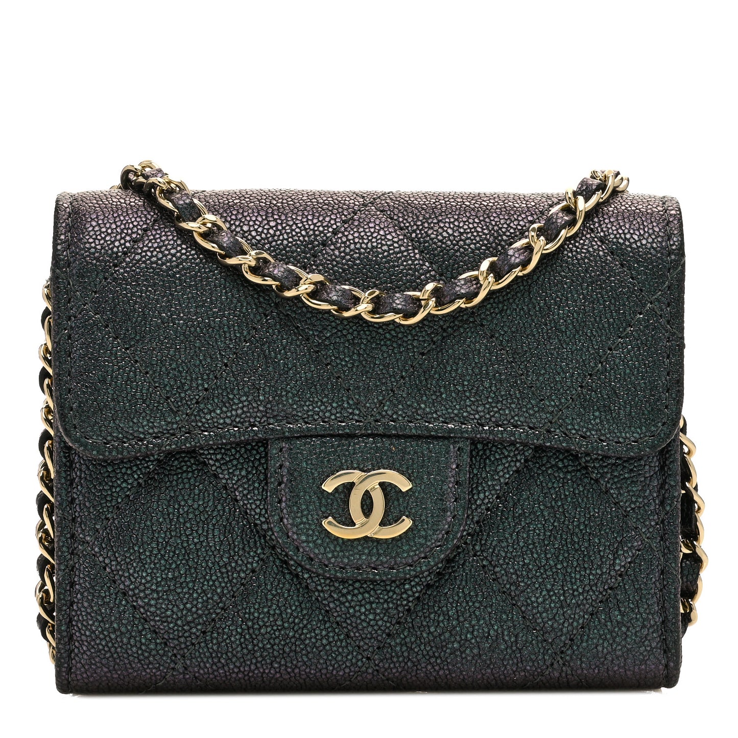 Iridescent Caviar Quilted Flap Card Holder On Chain Black
