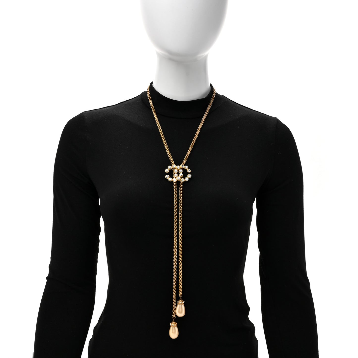 Pearl Crystal Chain CC Bolo Necklace Gold