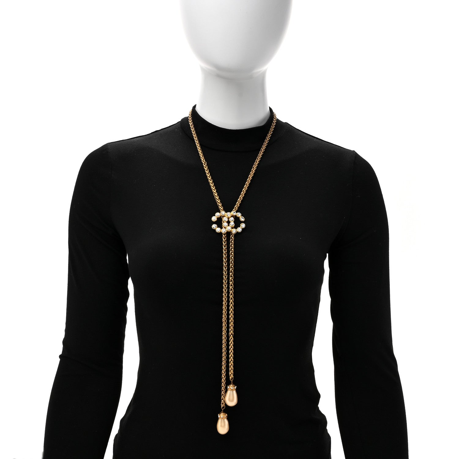 Chanel Pearl Crystal Chain CC Bolo Necklace Gold 3 of 6