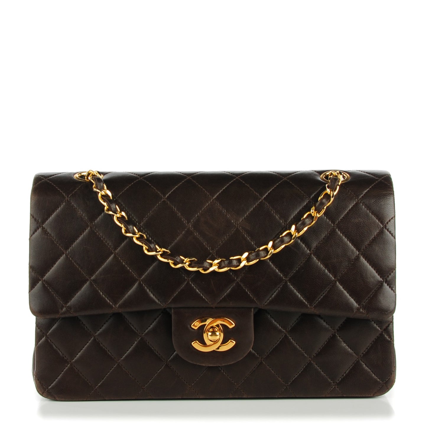 Lambskin Quilted Medium Double Flap Dark Brown
