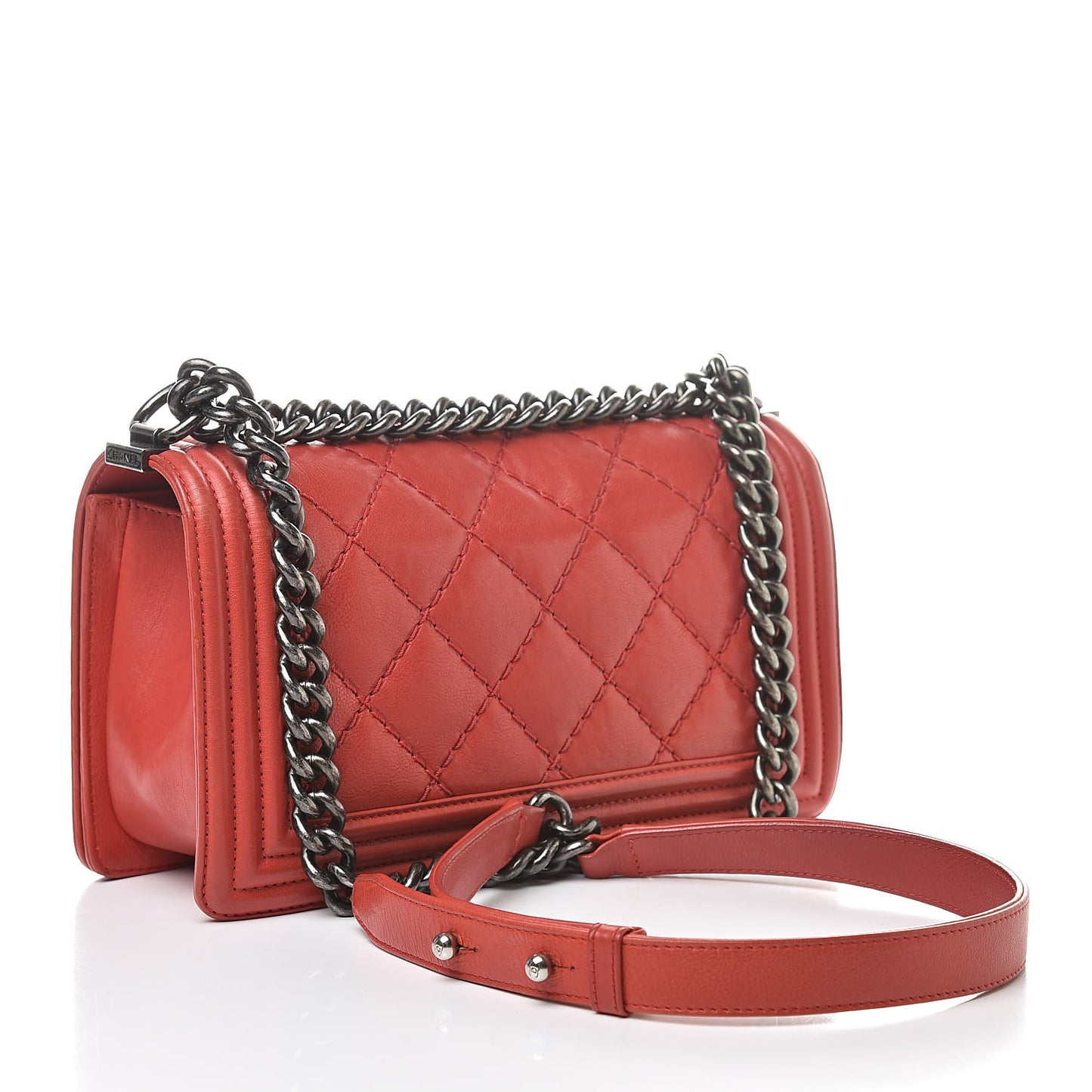 Calfskin Quilted Double Stitch Medium Boy Flap Red