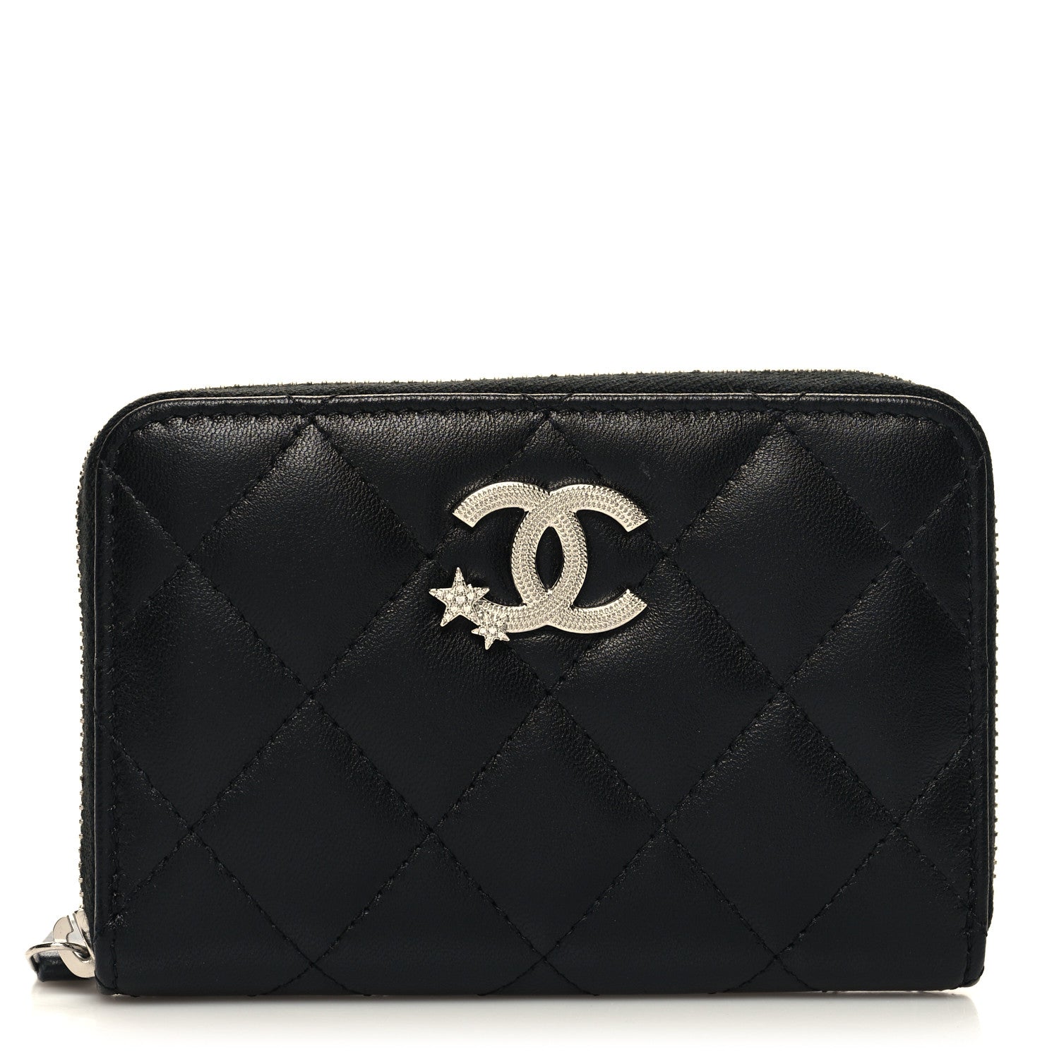 Chanel Lambskin Crystal Star Quilted Studded CC Zip Around Card Holder Wallet Black 1 of 8