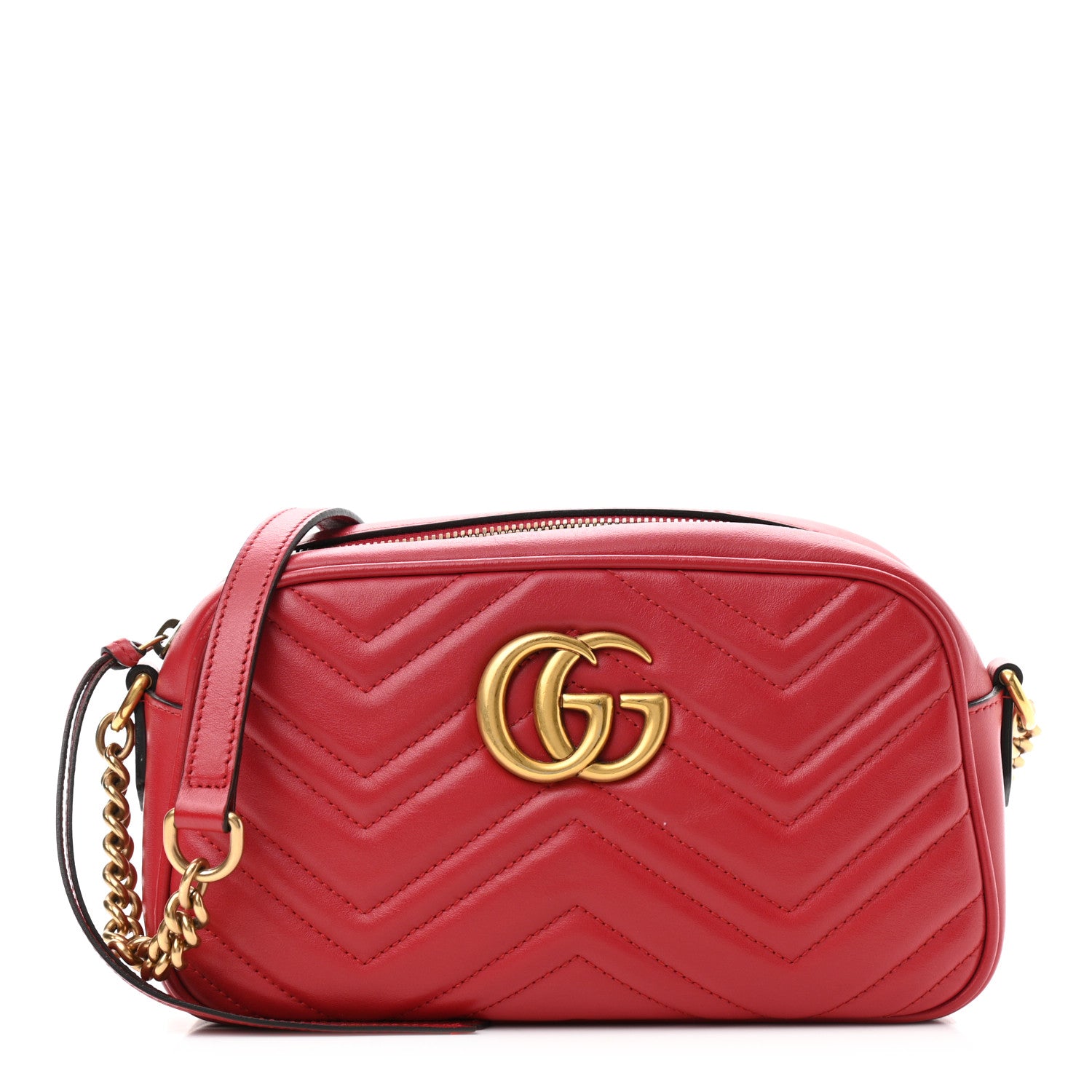 product image of GUCCI Calfskin Matelasse Small GG Marmont Chain Shoulder Bag Hibiscus Red FASHIONPHILE