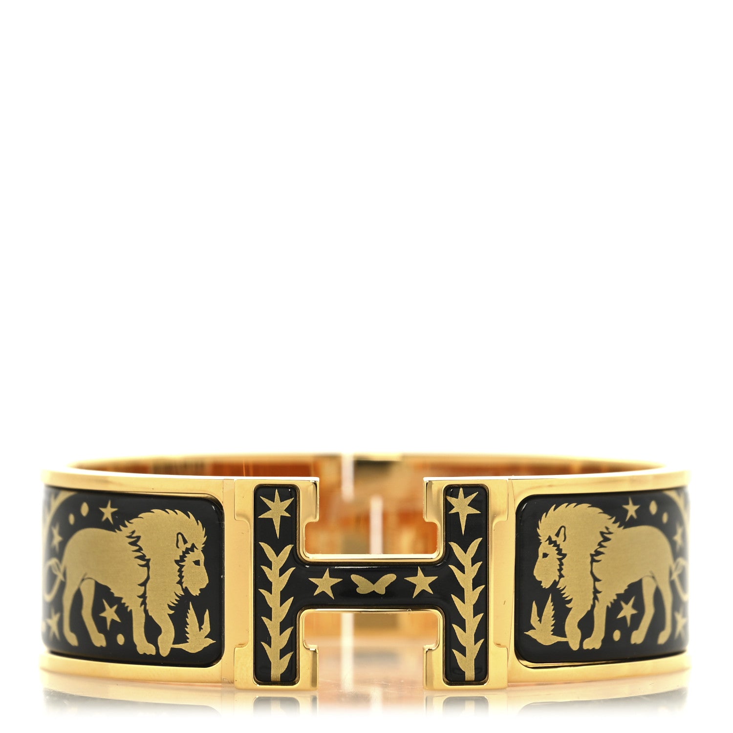 Hermes Enamel Printed Wide Clic Clac H Bracelet GM Black Gold 1 of 4