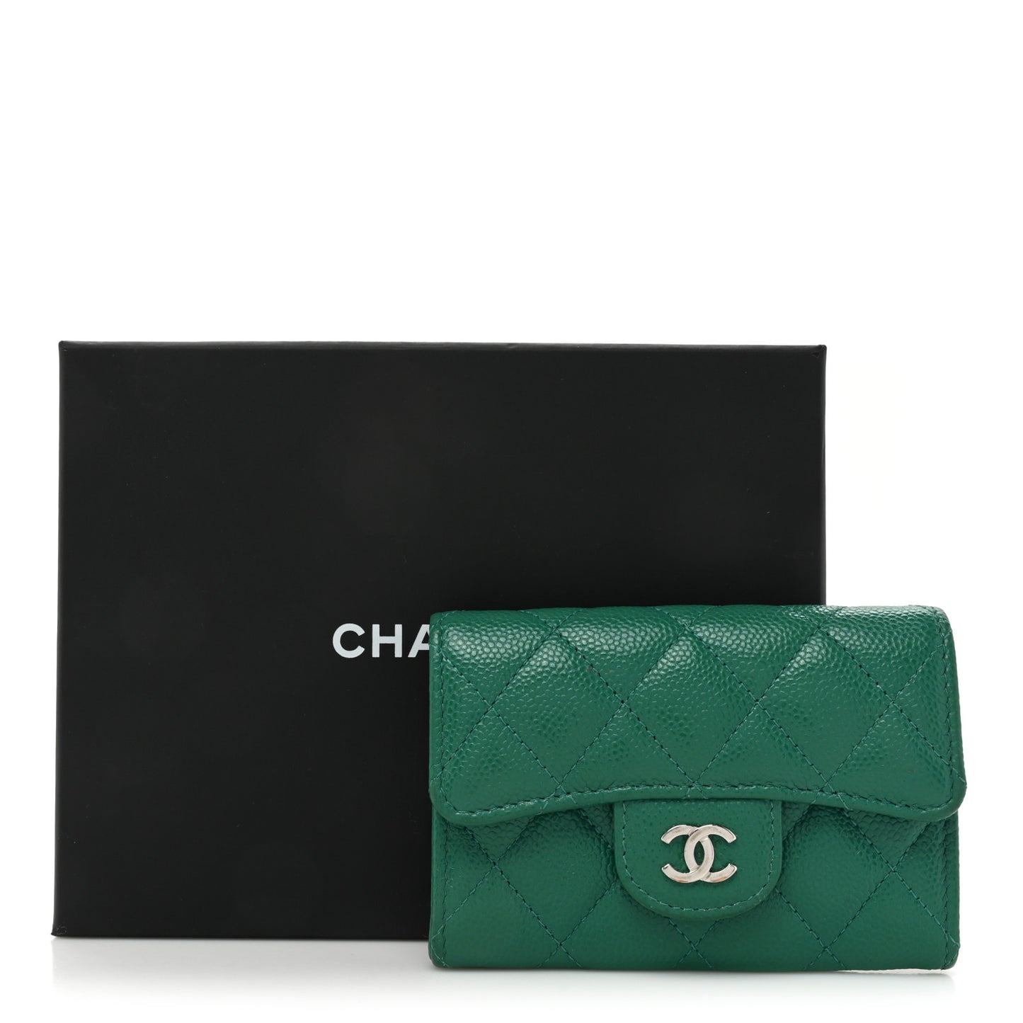Caviar Quilted Flap Card Holder Wallet Green