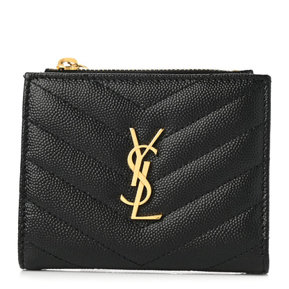 Saint Laurent Grain De Poudre Matelasse Chevron Monogram Zipped Card Case Black 1 of 6