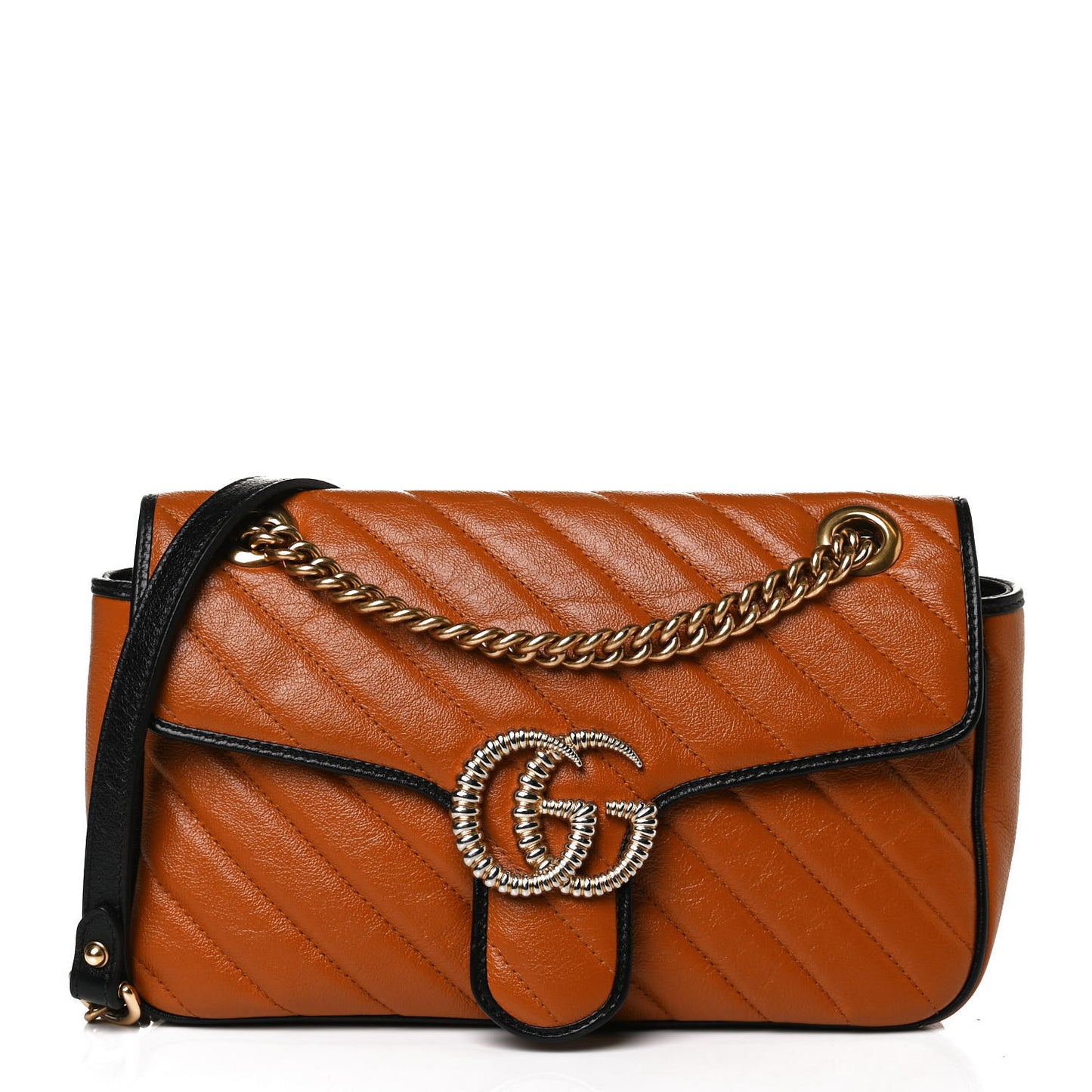 Vintage Effect Calfskin Matelasse Diagonal Small Torchon GG Marmont Shoulder Bag Cognac Black