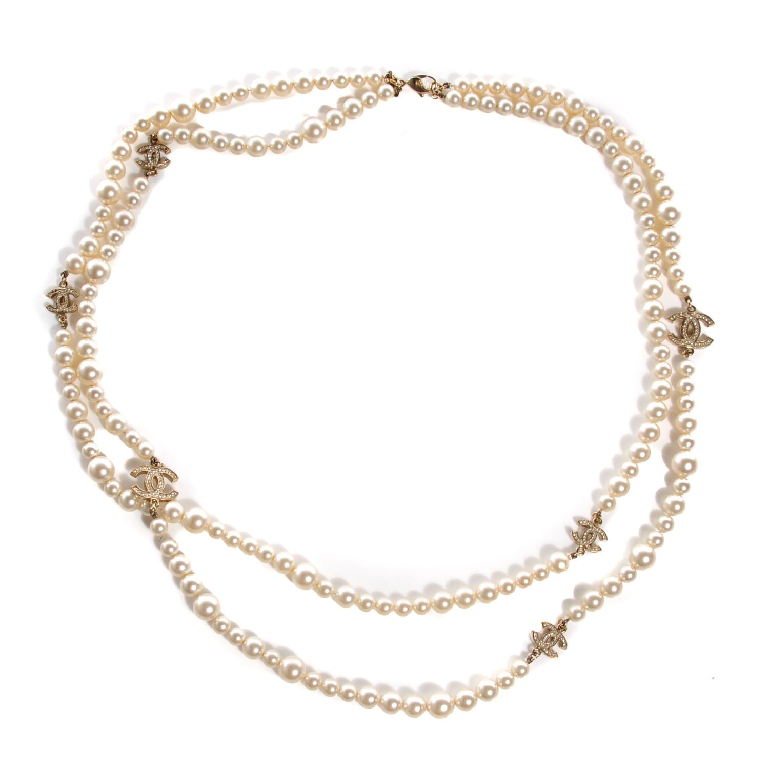 Chanel Pearl Crystal CC Double Strand Necklace Gold 1 of 5